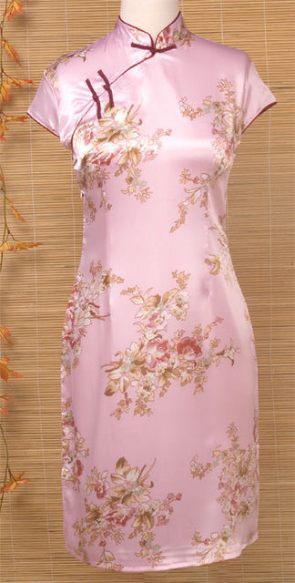 Pink Silk Floral Mandarin Dress | Chinese Apparel | Women | Women's Dresses